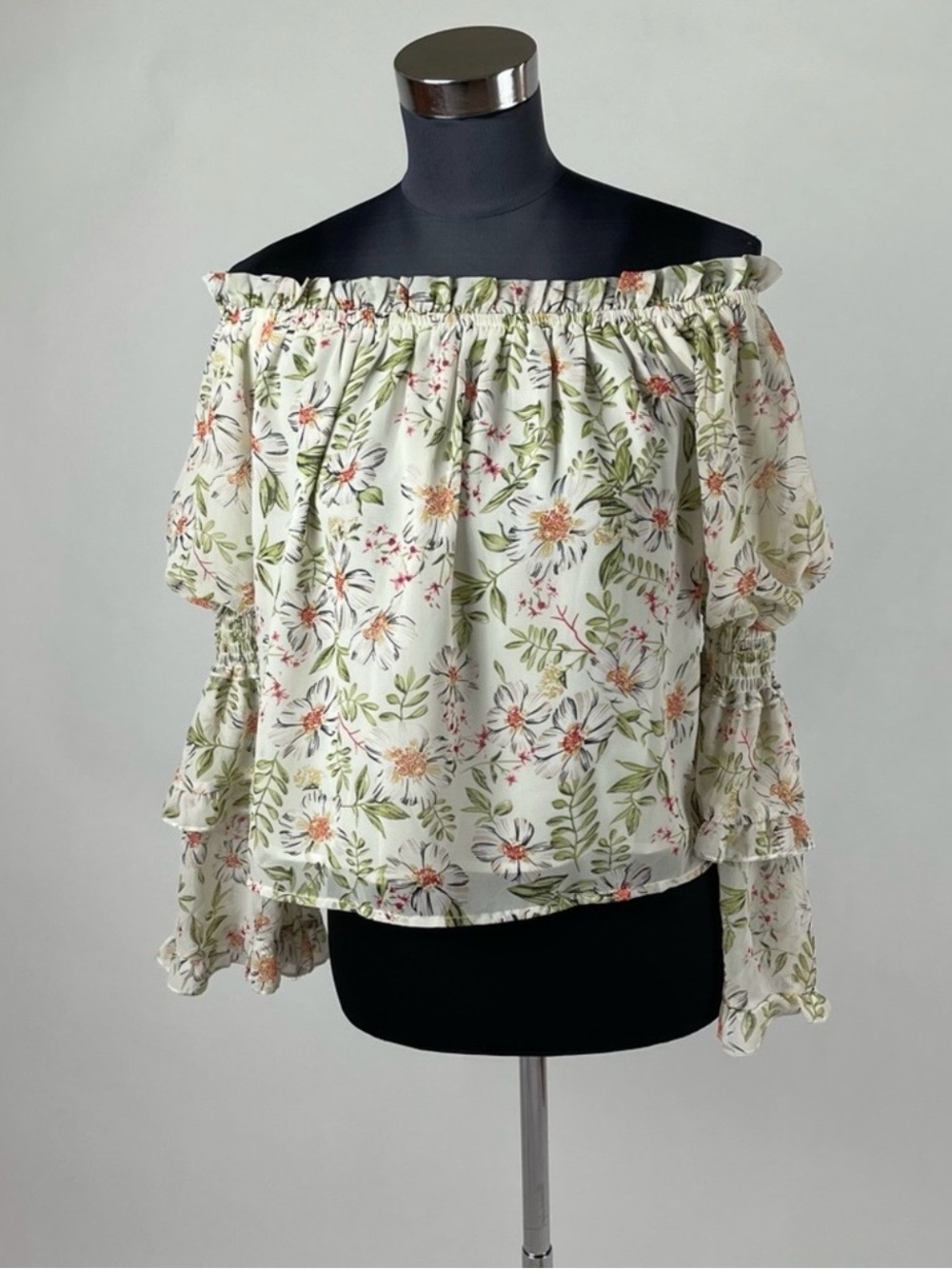 Floral Multicolor Statement Sleeve Off-Shoulder Blouse in Cream and Green